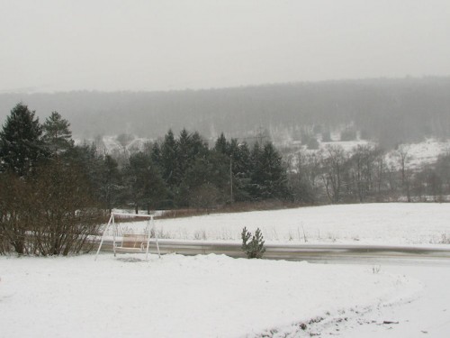 image of snowy yard and hillside