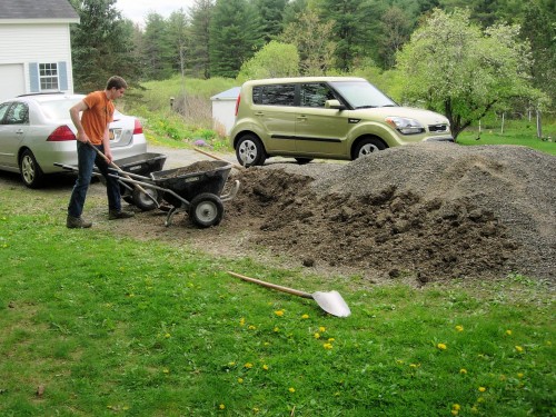 shoveling stone into a wheelbarrow
