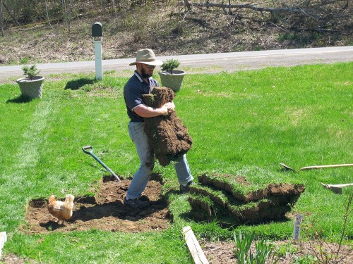 man carrying sod to pile