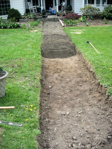 crushed stone sub-base in excavated front walk