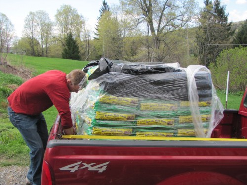 image of young man unloading bags of premium composted horse manure from a red pick up truck.