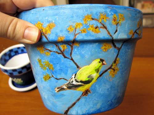 goldfinch painted on a clay pot