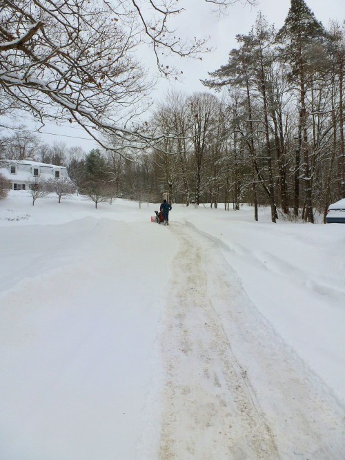 long snowy driveway, man with snowblower