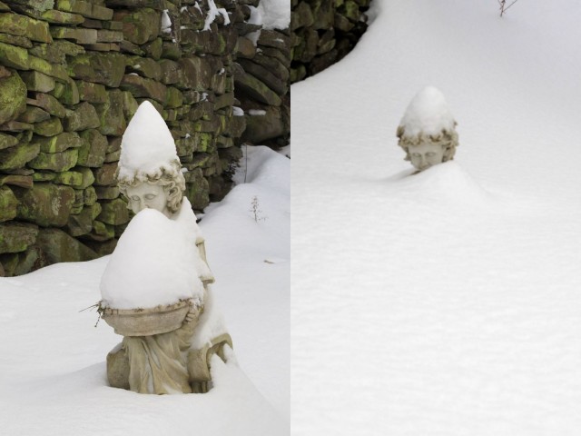 Two snowy views of one statue